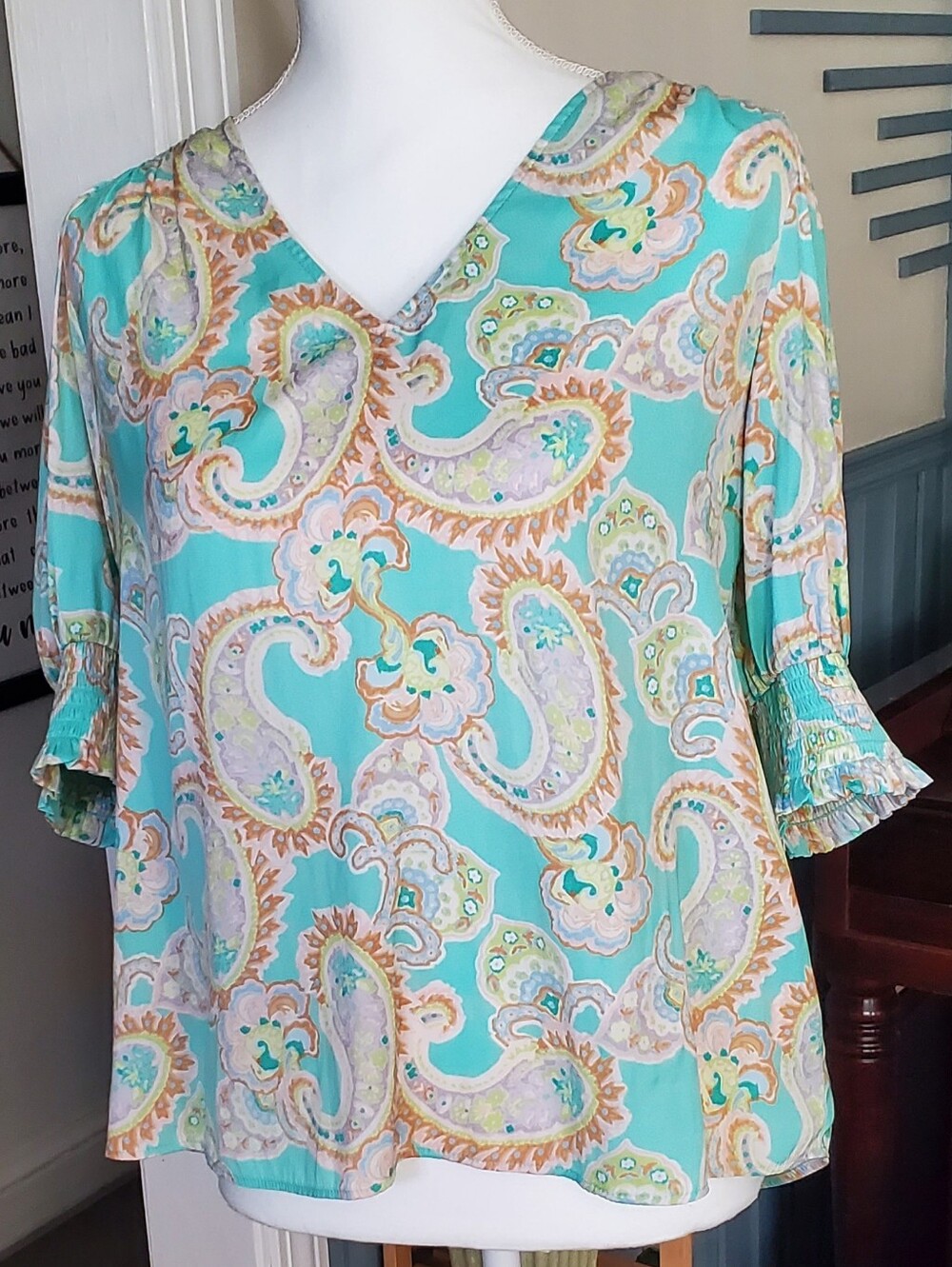 Sigrid Olsen Aqua Paisley V-Neck Blouse.  Medium.